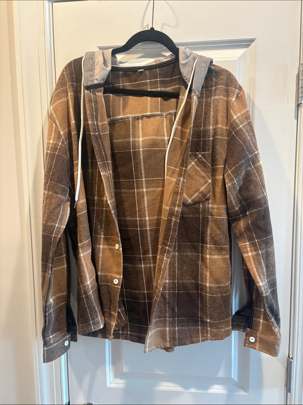 Brown Plaid Flannel Shirt Jacket with Hood